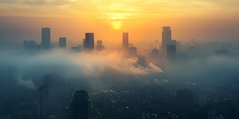 City skyline obscured by smog highlighting pollutions impact on climate change. Concept Pollution, Climate Change, City Skylines, Smog, Environmental Impact