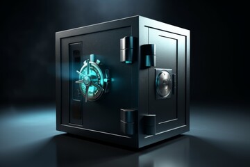 Photorealistic 3D rendering of a solid, unbreakable safe, with light rays highlighting its polished surface, conveying an aura of financial security and stability