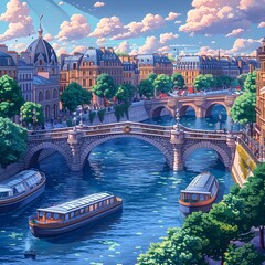 Vibrant D Cartoon of Pont Neuf Bridge and Seine River Paris Cityscape