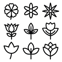 Set of Solid black outline Flower vector line icon design