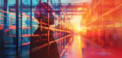 Logistics in manufacturing plant close up, focus on, copy space, vibrant colors, Double exposure silhouette with storage racks