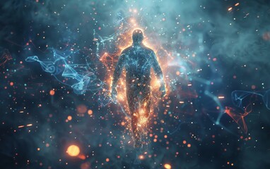 Craft a captivating 3D rendering of a persons ethereal form traveling beyond earthly bounds through astral projection, shimmering with otherworldly light effects