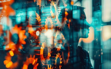 Mechanical engineering in action close up, focus on, copy space, vibrant colors, Double exposure silhouette with gears