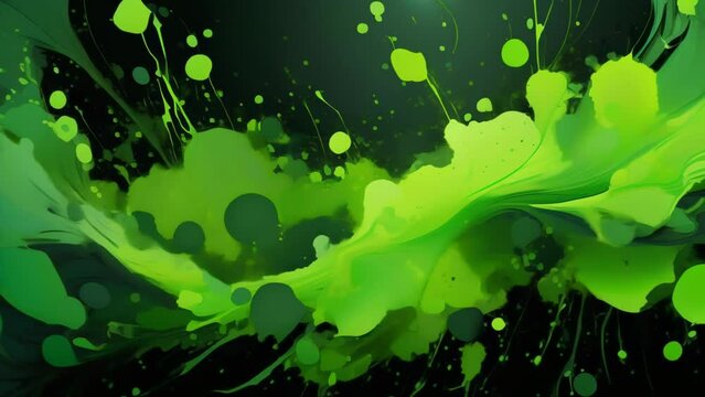 Dynamic splash of vibrant green ink swirling against a dark background, creating a striking contrast. The flowing curves and droplets add a sense of motion and energy.