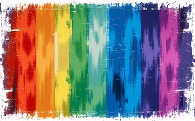 Colorful rainbow vertical brush painting with white grunge distressed effect.