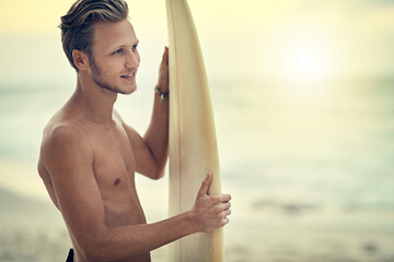 Man, thinking and surfer at beach for water adventure or relax in summer, holiday or travel in...