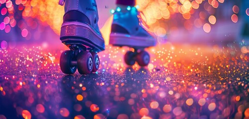 Neon-colored roller skates gliding in a park, with trails of confetti swirling around.
