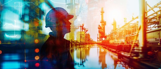 Quality control in industrial production close up, focus on, copy space, vibrant colors, Double exposure silhouette with inspection tools