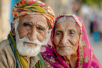 Obraz premium Colorful Traditional Elderly Couple Portrait, Eid feast, Islamic celebration, Family feast.