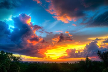Fototapeta premium The sun sets, colorful clouds in the sky add to its beauty. The silhouette of palm trees against these vibrant hues creates an enchanting scene. Capture this moment 
