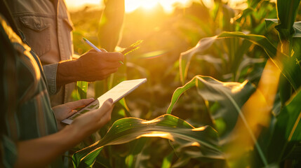 a person holding a tablet and pen in a field of corn - Powered by Adobe