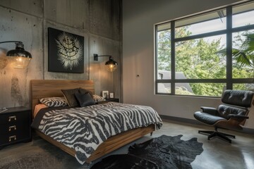 bedroom with large window view of Garden trees