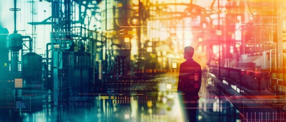 Industrial automation in production management close up, focus on, copy space, vibrant colors, Double exposure silhouette with control rooms