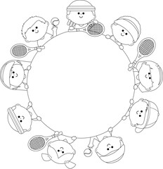 Diverse group of girls and boys playing tennis. Round blank banner with boys and girls playing tennis with rackets and tennis balls. Vector black and white coloring page.