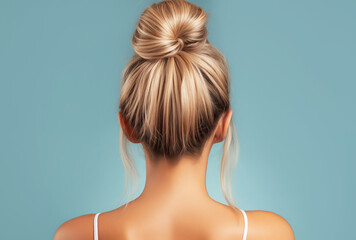 Portrait of woman with blonde hair with bun hairstyle on blue background, rear view.