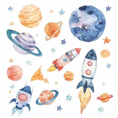 Aquarelle watercolor illustration of the solar system, showing the sun, planets, and stars.