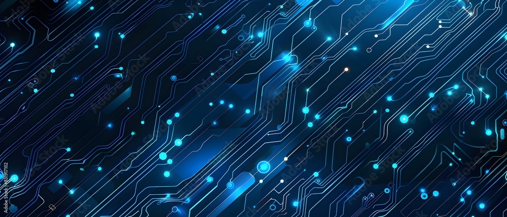 Sticker blue technology background with a circuit board and light effect presentation design template for bu