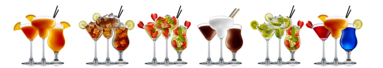 Set of cocktails with decoration from fruits isolated on white background