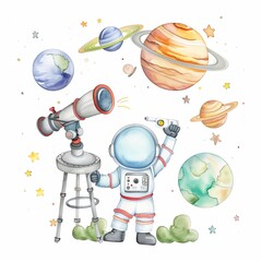 An astronaut in a spacesuit is floating in space, looking through a telescope. There are planets, stars, and other objects floating around him.