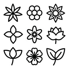 Set of Solid black outline Flower vector line icon design