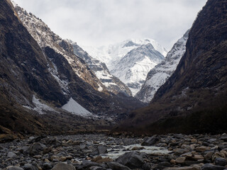 Shot of a row of snowy mountains mountains