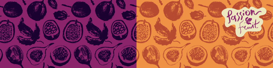 Pattern passion fruit seamless. Hand drawn granadilla illustrations. Exotic fruits ornament. Granadilla background for cosmetics, fruits puree or juice label. Vector fabric tropical fruit banner.