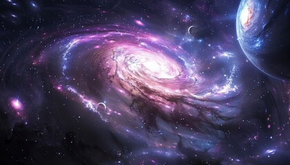 Craft a mesmerizing holographic universe with vibrant, swirling galaxies on a starlit backdrop Capture a sense of vastness and mystique using digital art techniques