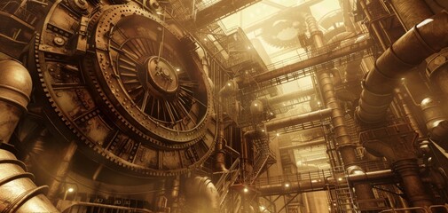 Low-angle view, sprawling manufacturing plant, steampunk aesthetics, massive gears and steam pipes, intricate metalwork, warm sepia tones, detailed and atmospheric, CG 3D render