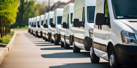 Neat row of white delivery vans in sunny parking lot. Concept Delivery Vans, White Vans, Parking Lot, Sunny Day, Neat Rows