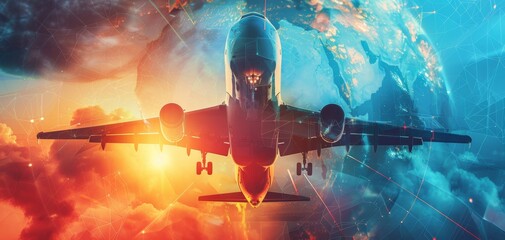 Naklejka premium Aerospace engineering technology close up, focus on, copy space, vibrant colors, Double exposure silhouette with aircraft designs