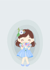 Cute girl cartoon with blue flowers bouquet. card design. vector illustration.
