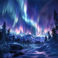 Capture the breathtaking spectacle of an aurora phenomenon in a photorealistic 3D render, highlighting intricate light patterns and a sense of movement in the sky