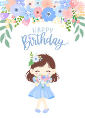 Birthday card design of girl and flowers. Blue color. Vector illustration.