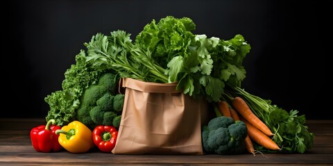 Fresh produce in a kraft bag presented on a black background for delivery. Concept Fresh Produce, Kraft Bag, Black Background, Delivery Presentation