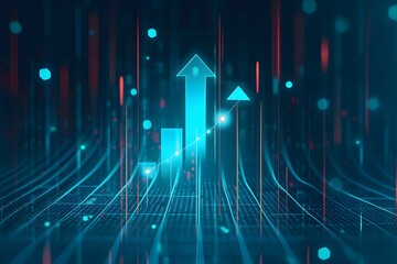 A blue background with glowing arrows pointing upwards, representing the upward trend of global digital innovation and technological progress. The arrows symbolize growth in technology's impact on soc