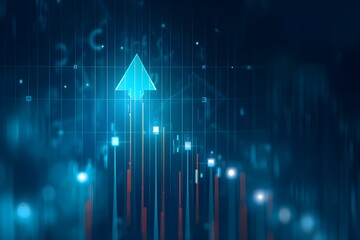 A blue background with glowing arrows pointing upwards, representing the upward trend of global digital innovation and technological progress. The arrows symbolize growth in technology's impact on soc