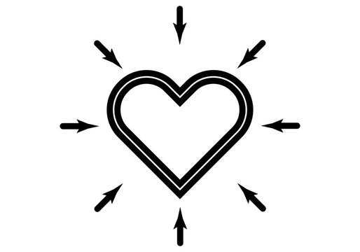 Icono negro de coraz&oacute;n rodeado de flechas representando la generosidad