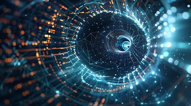 Neon-encoded equations spiraling around a bokeh light black hole, pulling in data from distant dimensions