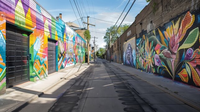 A deserted street with vibrant murals comes alive during the street art festival, showcasing creativity.