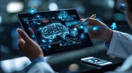A doctor is diagnosing a patient's disease. Illustration of a modern digital technology system of the future.