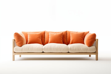 Elegant wooden sofa with orange pillows isolated on white background 3D rendering