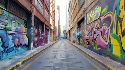 Fototapeta premium A once-deserted street, now vibrant with murals, celebrates creativity and community spirit.