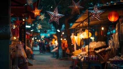 A serene evening marketplace glows with illuminated paper stars, perfect for a festive lantern-lit...