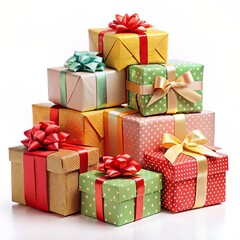 A stack of colorful presents with a red bow on top