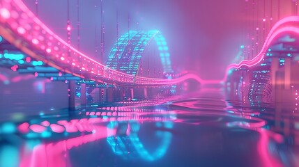 Pink and blue neon bridges connecting distant data islands, their reflections shimmering in bokeh light rivers