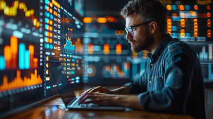 Data analysis to increase sales and revenue. Man sitting with laptop and working with growing graph. Business data analytics concept