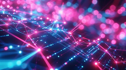 Obraz premium Pink and blue neon constellations mapping out encrypted data pathways, intersecting at bokeh light crossroads