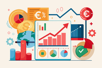 Graph with rising arrow and contrasting elements symbolizing inflation growth, surrounded by economic indicators in collage style