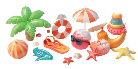 Summer elements 3d icon set clipart isolated white on background