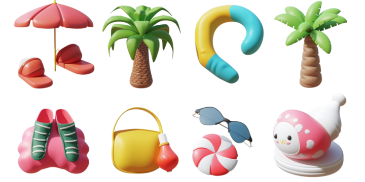 Summer elements 3d icon set clipart isolated white on background